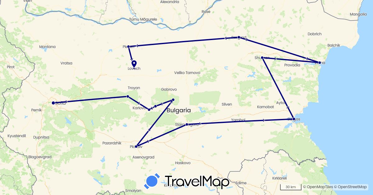 TravelMap itinerary: driving in Bulgaria (Europe)